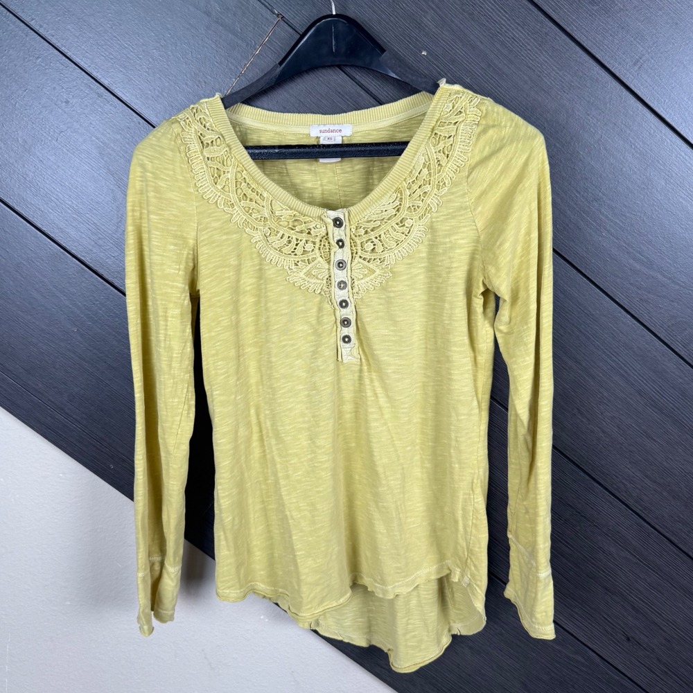 Sundance Women's XS Yellow Lace Henley Top Hi Low Slub Cotton Boho Western